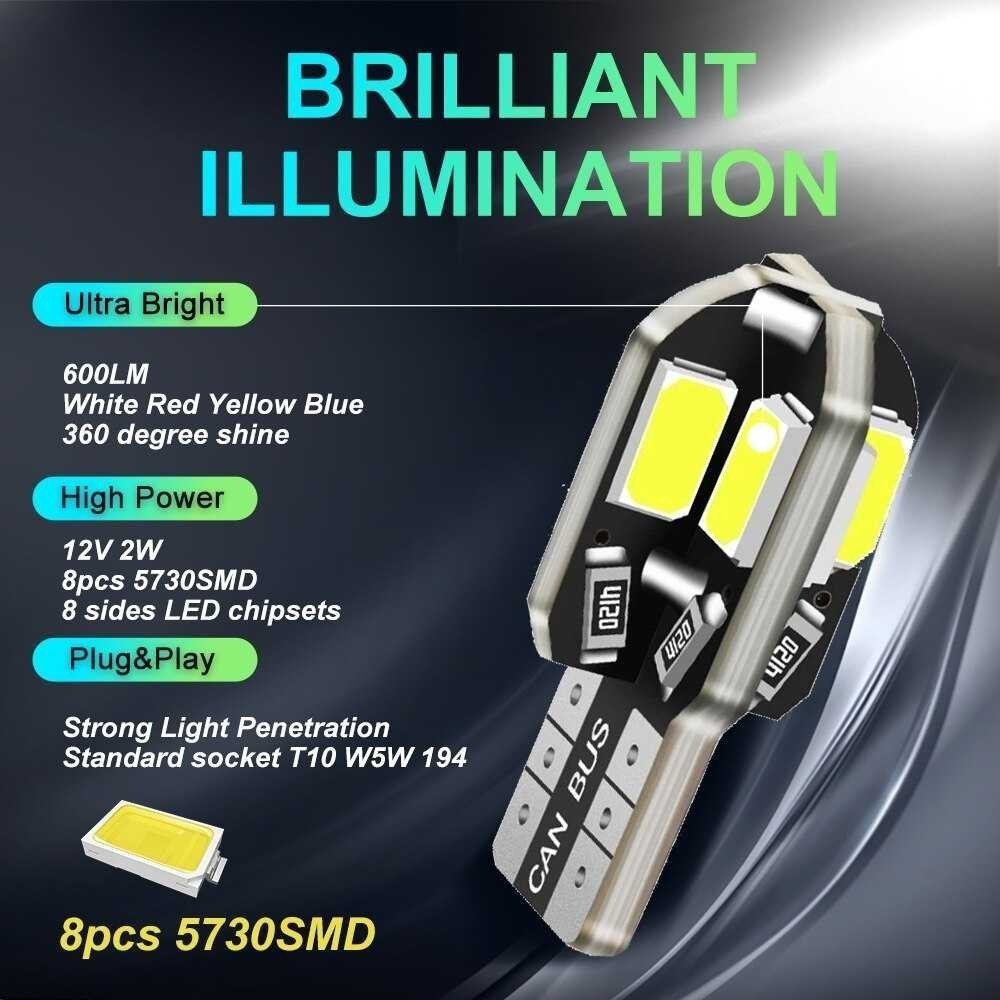 Yi Mart ASLENT LED Canbus LED ไฟจอดรถรถยนต์ T10 W5W 12V Cool White 1 ชิ้น - 8SMD