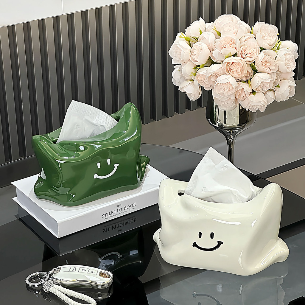 🌙กล่องทิชชู่🌙Creative Tissue Box Light Smile ห้องนั่งเล่นกล่องกระดาษท็อปครัวคุณภาพสูงวัสดุเซรามิค