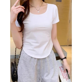 เสื้อยืดผู้หญิง เสื้อยืดคอยู สีทึบ เซ็กซี่ แขนสั้น ผิดปกติ ท็อปส์ซูผ้าฝ้าย แสดงผอม เสื้อยืดสาวอวบ เสื้อโอเวอร์ไซส์