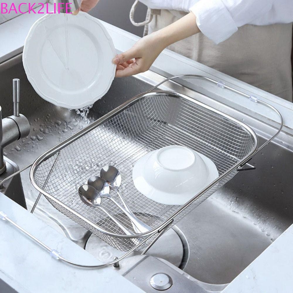 Back2life ขยายอ่างล้างจานกระชอน, สแตนเลสอเนกประสงค์อ่างล้างจาน Drainer ตะกร้า, จาน Drainers กันสนิมปรับความยาว Fine ตาข่ายจาน Drying Rack จาน