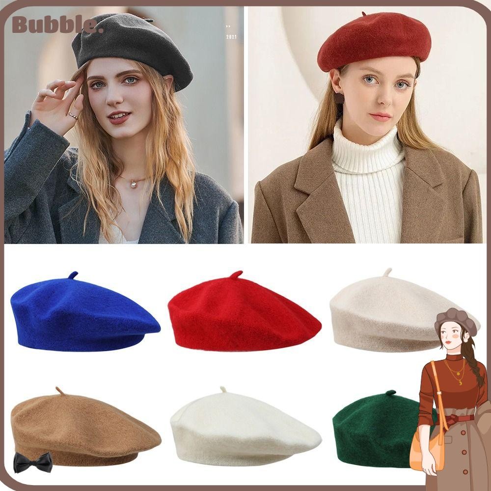 ฟอง หมวกเบเรต์ผ้าขนสัตว์หมวก,หมวกธรรมดาย้อนยุคที่อบอุ่น,หญิงสาวสีทึบสง่างามทุกการแข่งขันหมวกศิลปินฝรั่งเศสเลดี้