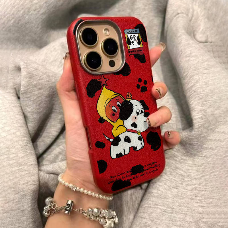 กรอบโลหะหนัง Grain Star People Spotted Dogs เหมาะสําหรับ iPhone/12/11/16promax/15/14/13promax เคสโทรศัพท์ WOHY
