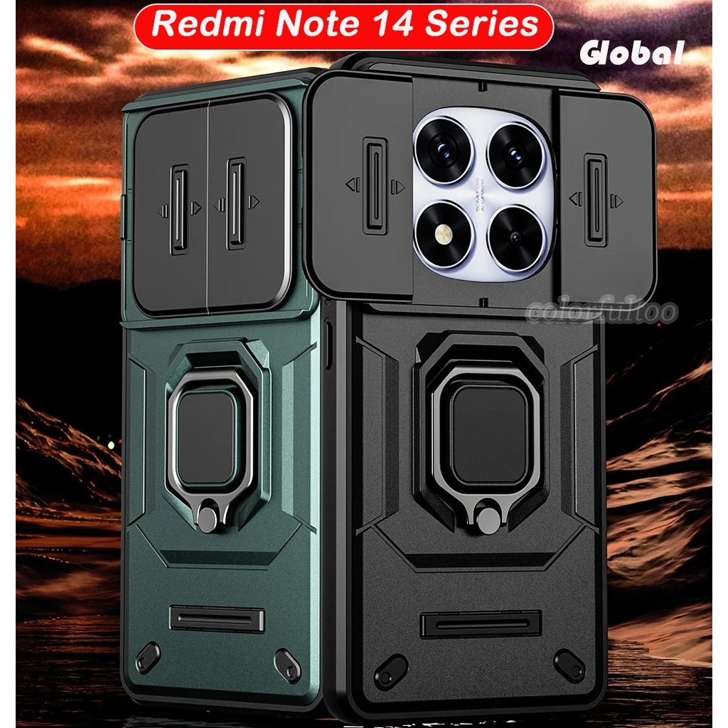 Redmi Note15 2026 เกราะกันกระแทกสําหรับ Redmi หมายเหตุ 15 14 Pro Plus 15pro + Note14Pro Note15 4G 5G Push สไลด์กล้องปกป้องเคสโทรศัพท์ Hard PC ที่วางขาตั้งกันชนฝาหลัง