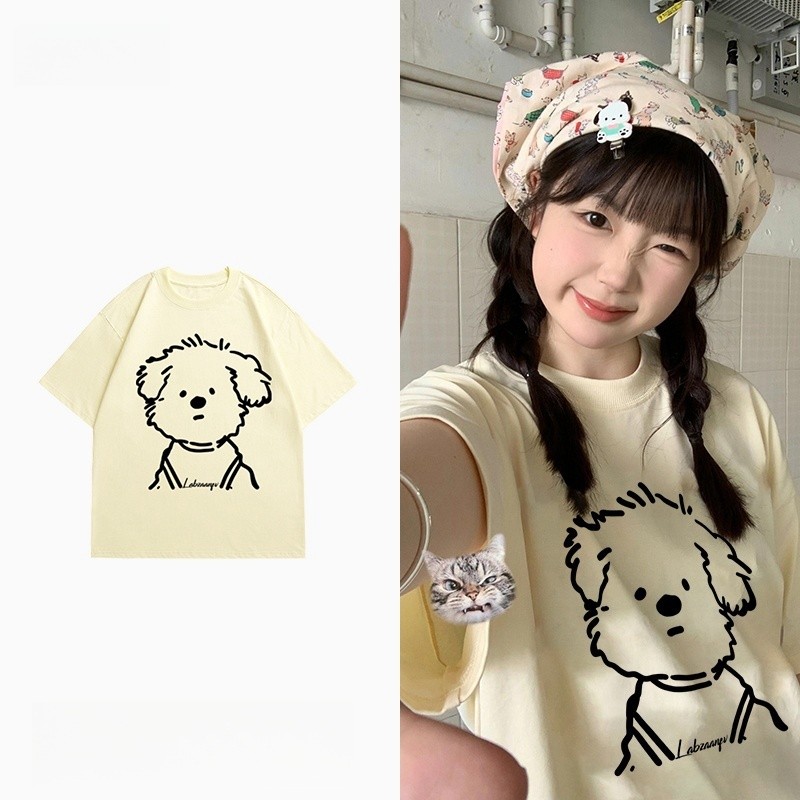 Insanewe เสื้อยืดโอเวอร์ไซส์ลายการ์ตูนลูกสุนัขแขนสั้นผู้หญิง เสื้อคู่ฤดูร้อน