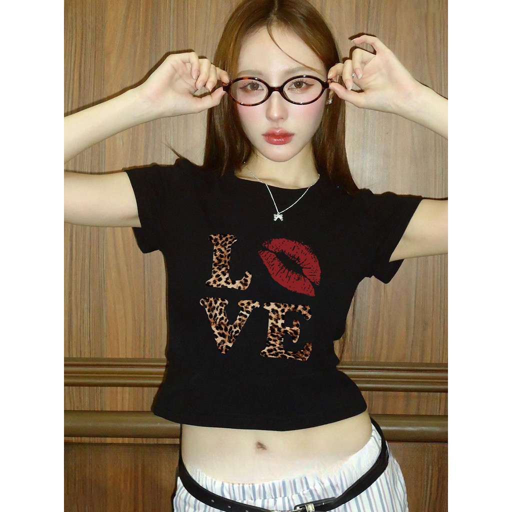 (จัดส่งตลอด 24 ชั่วโมง) Angle Official Baby Tee - เสื้อยืดสไตล์อเมริกันวินเทจเสือดาวพิมพ์ตัวอักษรแขนสั้น #57