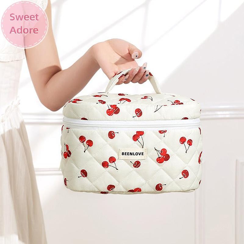 Sweetadore 1PC Cherry Printing Makeup Bag Quilted Makeup Bag Large Flower Makeup Bag Womens Cotton M