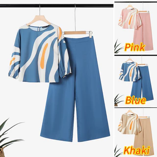 ZANZEA ใส่ ซานเซีย ผู้หญิงเกาหลีสบายๆ โอ คอโคมไฟแขนพิมพ์เรขาคณิตเสื้อ + กลับเอวยืดหยุ่นสีทึบกางเกงขากว้างไม่มีกระเป๋าสูท