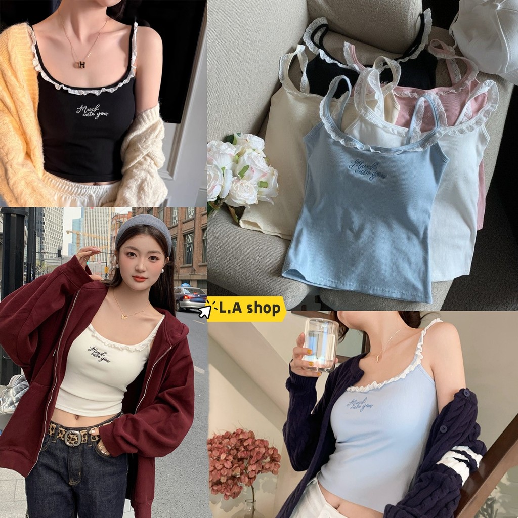 L.A Shop★สไตล์ใหม่★เสื้อสายเดี่ยว มีฟองน้ำ แต่งลูกไม้ สีพาสเทล ดีเทลปักลายตัวอักษรน่ารัก "FY1072"