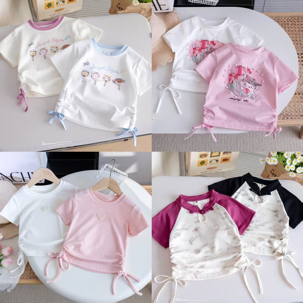 เด็กผู้หญิงการ์ตูนแขนสั้นฤดูร้อนสไตล์ใหม่น่ารัก Drawstring Western สไตล์เสื้อยืดครึ่งแขน All-Ma