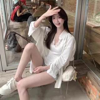 เสื้อคลุมเชิ้ตสีขาว กันแดด หลวม ดีไซน์เกาหลี