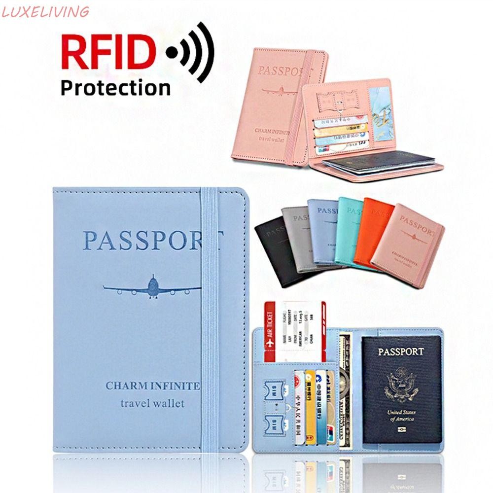 Luxeliving ที่วางหนังสือเดินทางหนัง PU,พร้อม RFID Travel Wallet Passport Protective Cover, Passport Package Card Case Airplane Check-in PU Passport Clip Travel Accessories