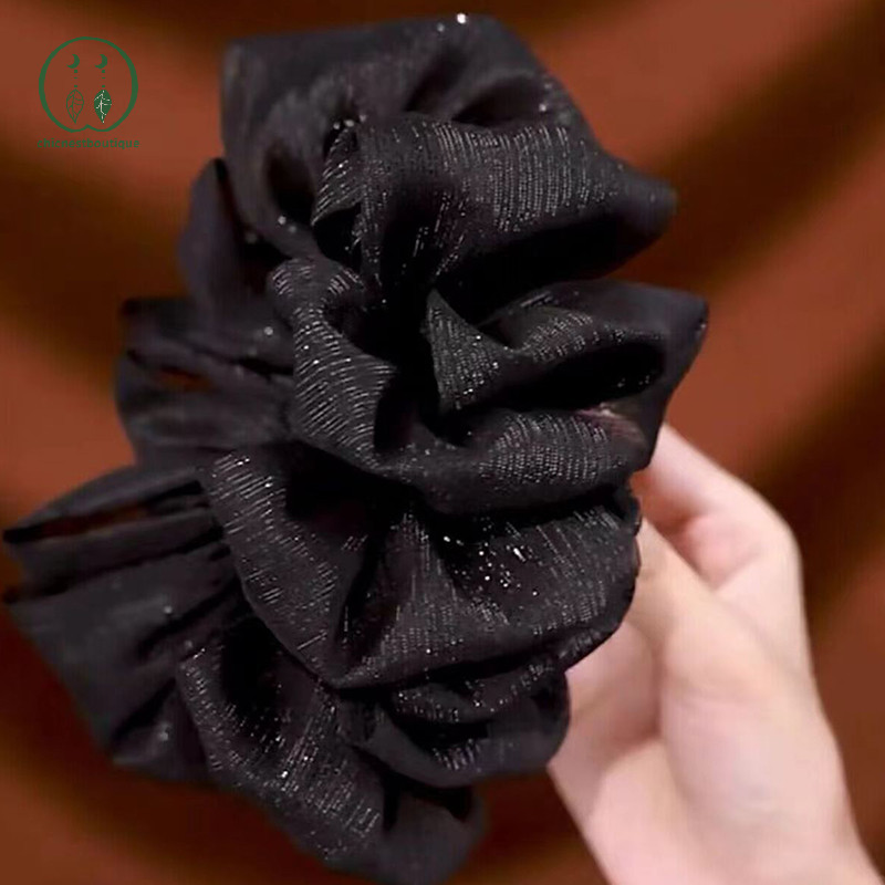 [Chicnest] แฟชั่นผู้หญิง Seersucker คลิปสีดํา Bowknot ผมคว้าผมโบว์ฉลามคลิปตาข่าย Bubble Grabber สาว Headwear Boutique
