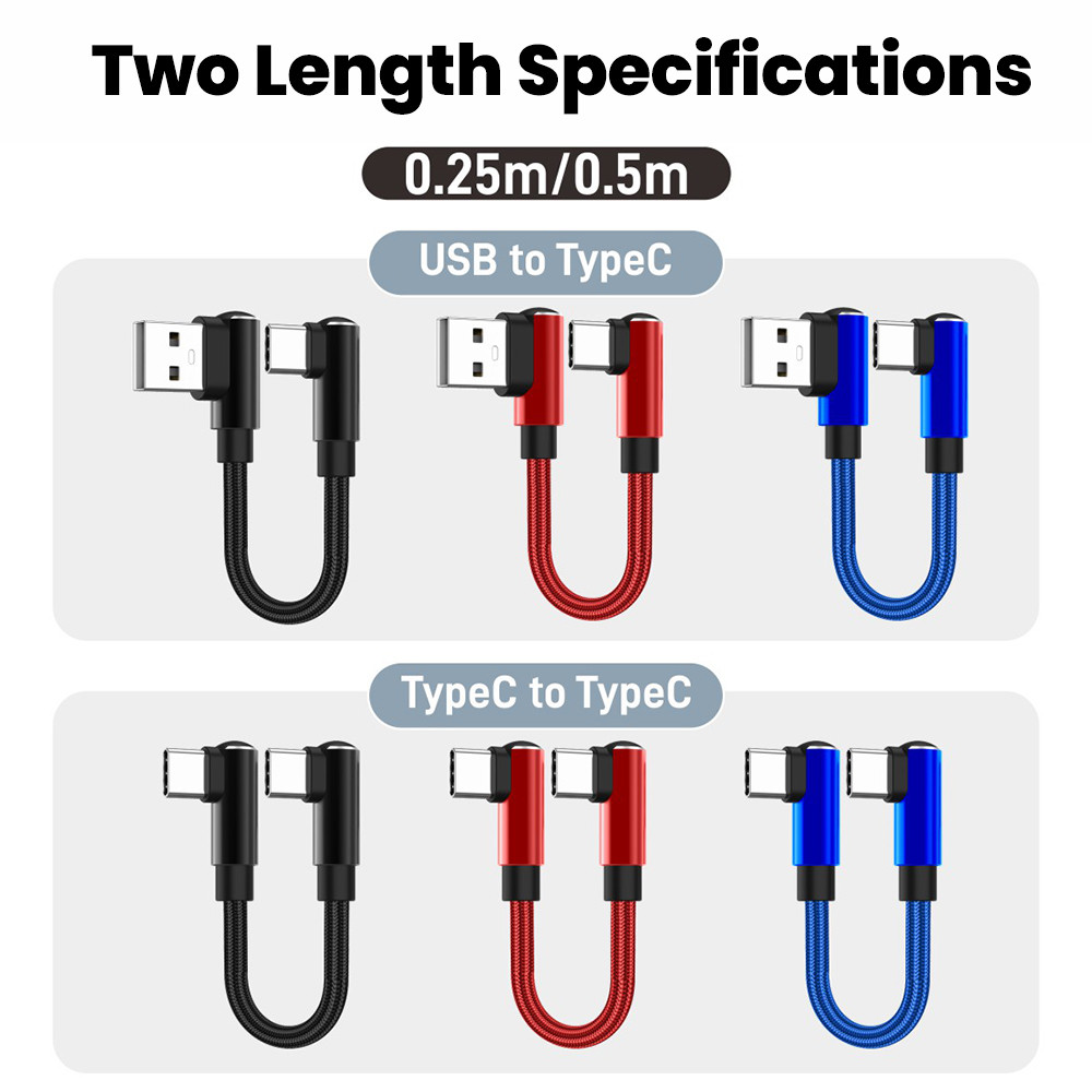 Elough 0.25ม./0.5ม. 66W Dual 90°ข้อศอก Super Fast Charging Type C to Type Cable USB Type C Data Cord Wire