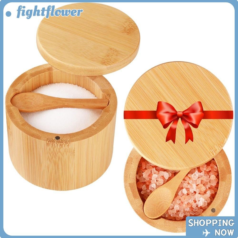 Fight Storage Holder Box, Bamboo with Built-in Spoon Salt Cellar Bowl, Large Capacity Swivel Lis Kit