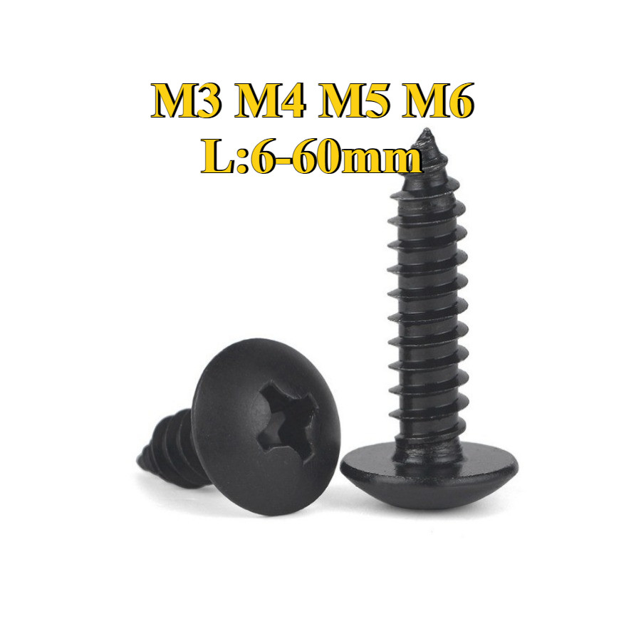 น็อต สกรู หัวร่ม หัวกระทะ แฉก T+ สแตนเลส 304  สีดํา เกลียวปล่อย  / Truss an Head Phillip Tapping Screw  M3/M4/M5/M6 * L6-60 มม. (DM1)