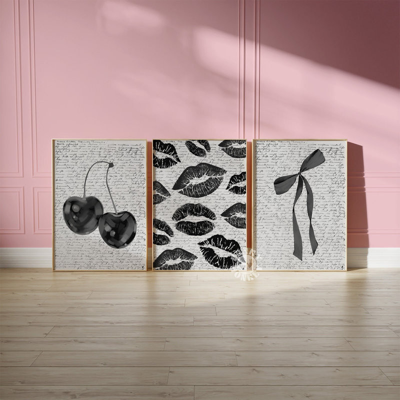 Retro Cherry Print Set 3, Dark Coquette Room Decor, ชุดโปสเตอร์ขาวดํา, Digital Trend Wall Art, Dark 