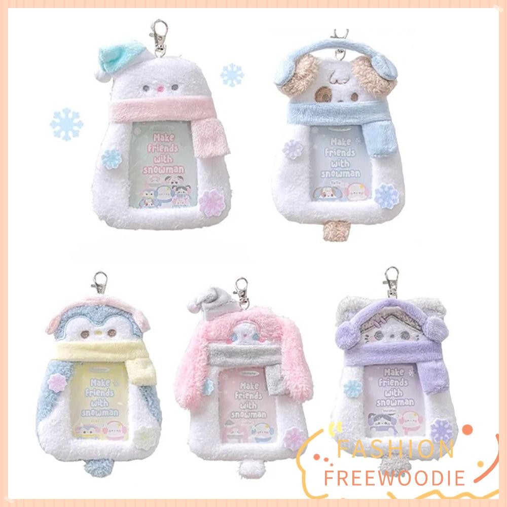Freewoodie Photocard Holder Pendant, Plush Snowman Card Holder, Cute Cartoon Animal 3 Inch Photo Frame Girls