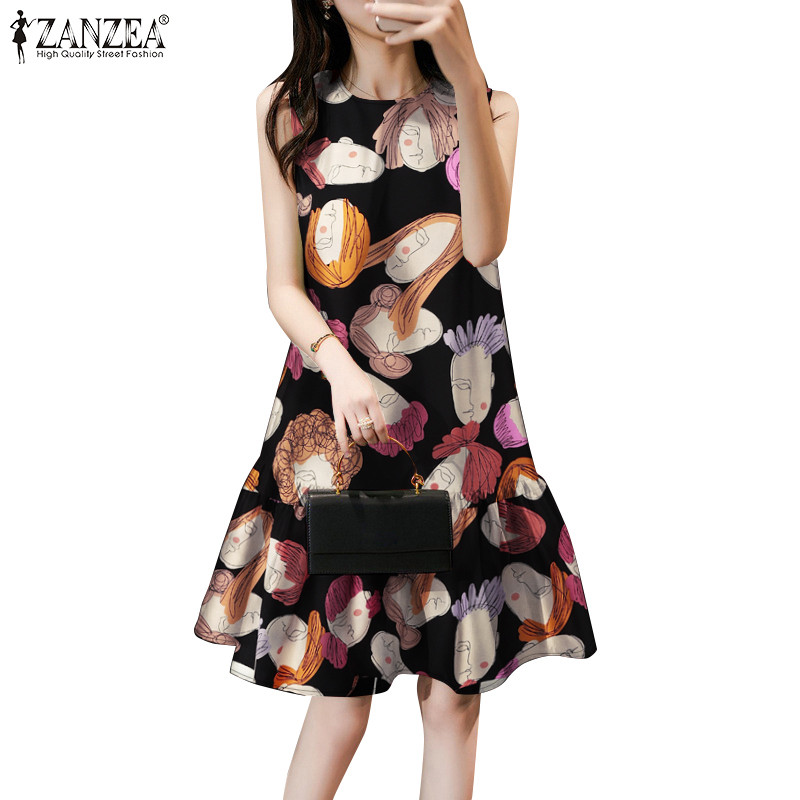 Zanzea เดรสสายเดี่ยวแขนกุดพิมพ์ลายปาร์ตี้เกาหลีสําหรับผู้หญิง