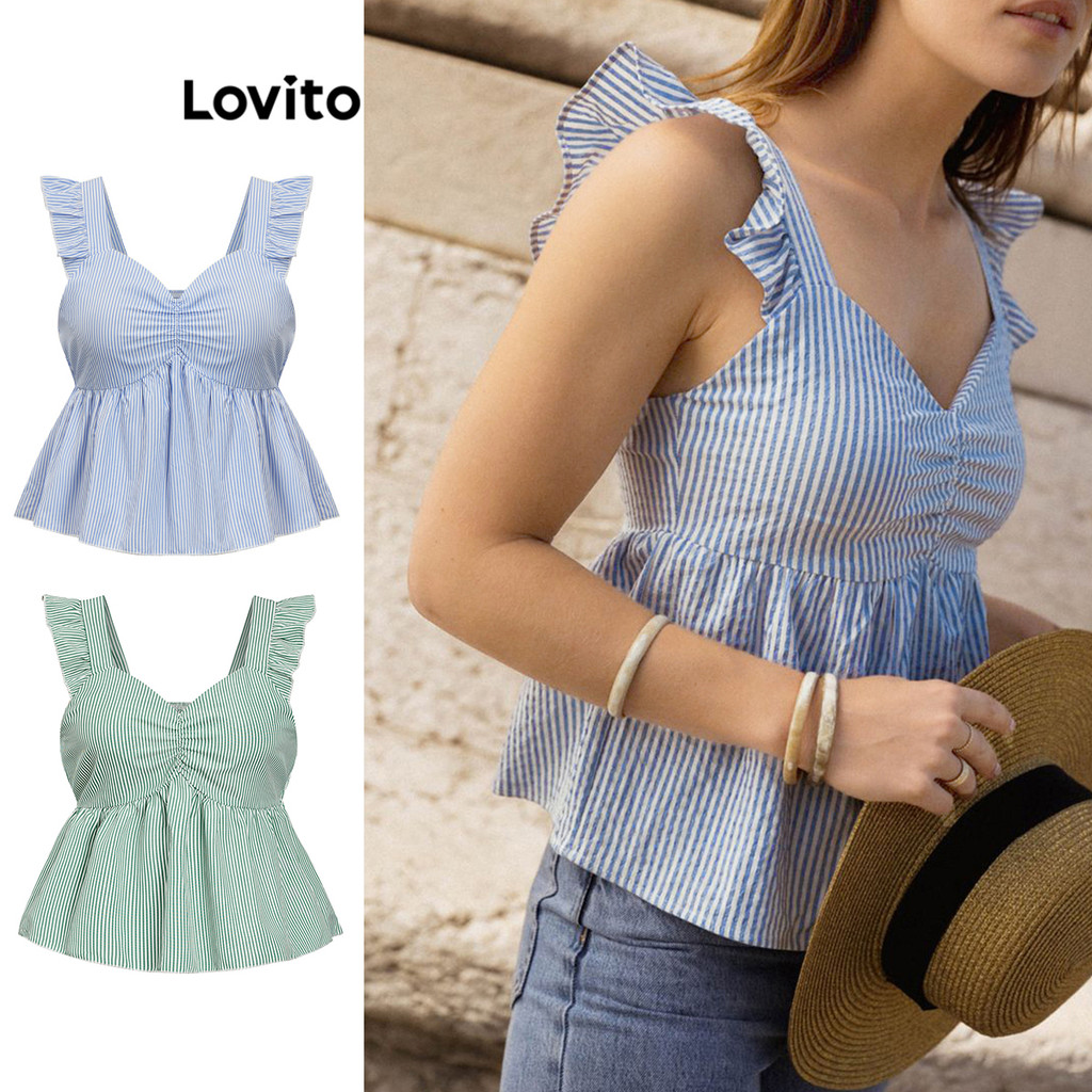 Lovito เสื้อแขนกุดผู้หญิง แต่งจีบ ลายทาง สไตล์หรูหรา L86ED129(หลากสี)