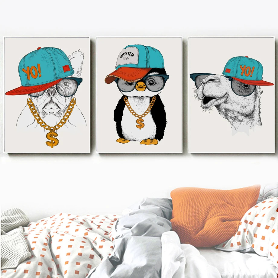 กรอบสีดํา Bulldog Penguin Llama Cool สัตว์สร้อยคอ Wall Art ภาพวาดผ้าใบ Nordic โปสเตอร์และพิมพ์ภาพผนั
