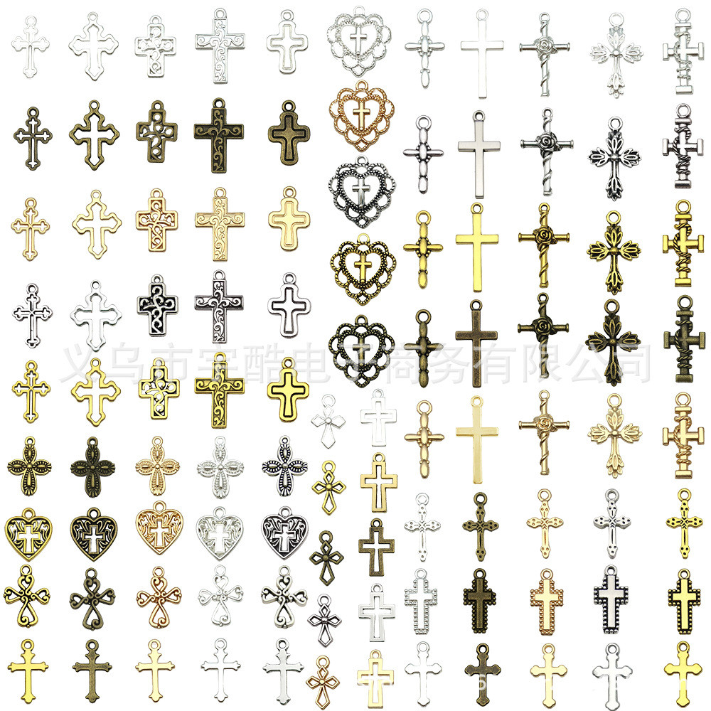 จี้โลหะผสมหัวใจข้ามวินเทจ ห้าสี อุปกรณ์ทำสร้อยข้อมือ DIY