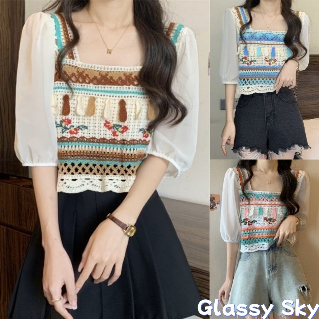 Glassy Sky 💖พร้อมส่ง💖เสื้อยืดผู้หญิง แขนสั้น สีอ่อน ผ้าชีฟอง ใส่สบาย 3สี72026-C