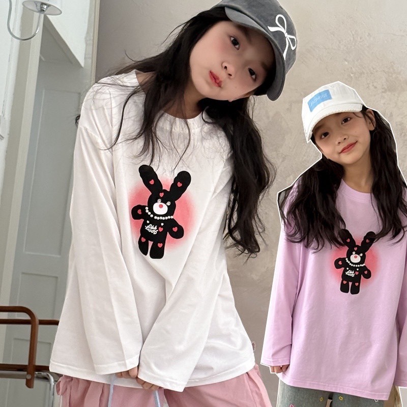 PRETTY BABY พร้อมส่ง เสื้อแขนยาวเด็กผู้หญิง เสื้อทรงโอเวอร์ไซส์ ลายน้องหมีแต่งเพชร ไข่มุก(1447)
