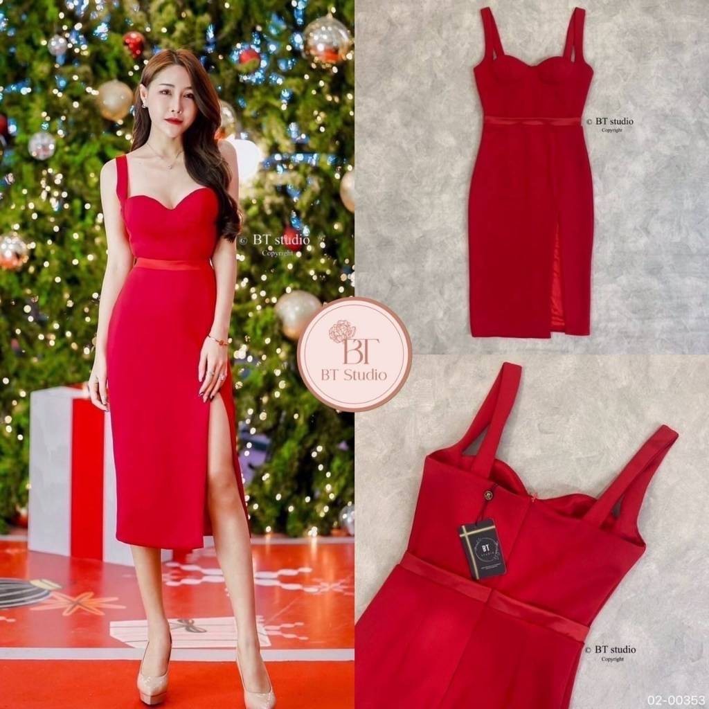 Cr. (xs-xl) (พร้อมส่ง) BT82-00353 ชุดเดรสสีแดงสายเดี่ยว ผ่าสูง cafe Cr.shop