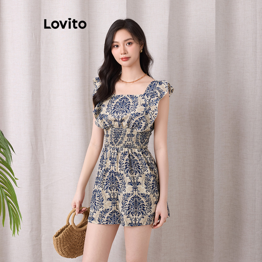 Lovito จั๊มสูทผู้หญิง แขนระบาย แต่งสม็อค พิมพ์ลายแนวชนเผ่า สไตล์โบโฮ L104ED093