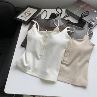 #475 เสื้อสายเดี่ยวเส้นเล็ก ฟองน้ำในตัวเย็บติดเนื้อผ้า ทรงสวยใส่สบายผ้านิ่มตกเเต่งกระดุมน่ารักเข้ารูป เซ็กซี่ สุดฮิต