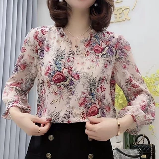 Chemisegrace 99097 เสื้อเชิ้ตแขนยาว คอกลม ผ้าชีฟอง ทรงหลวม ลายดอกไม้ ลายดอกไม้ ทรงหลวม ใส่ทำงาน เรียบร้อยดี แฟชั่น