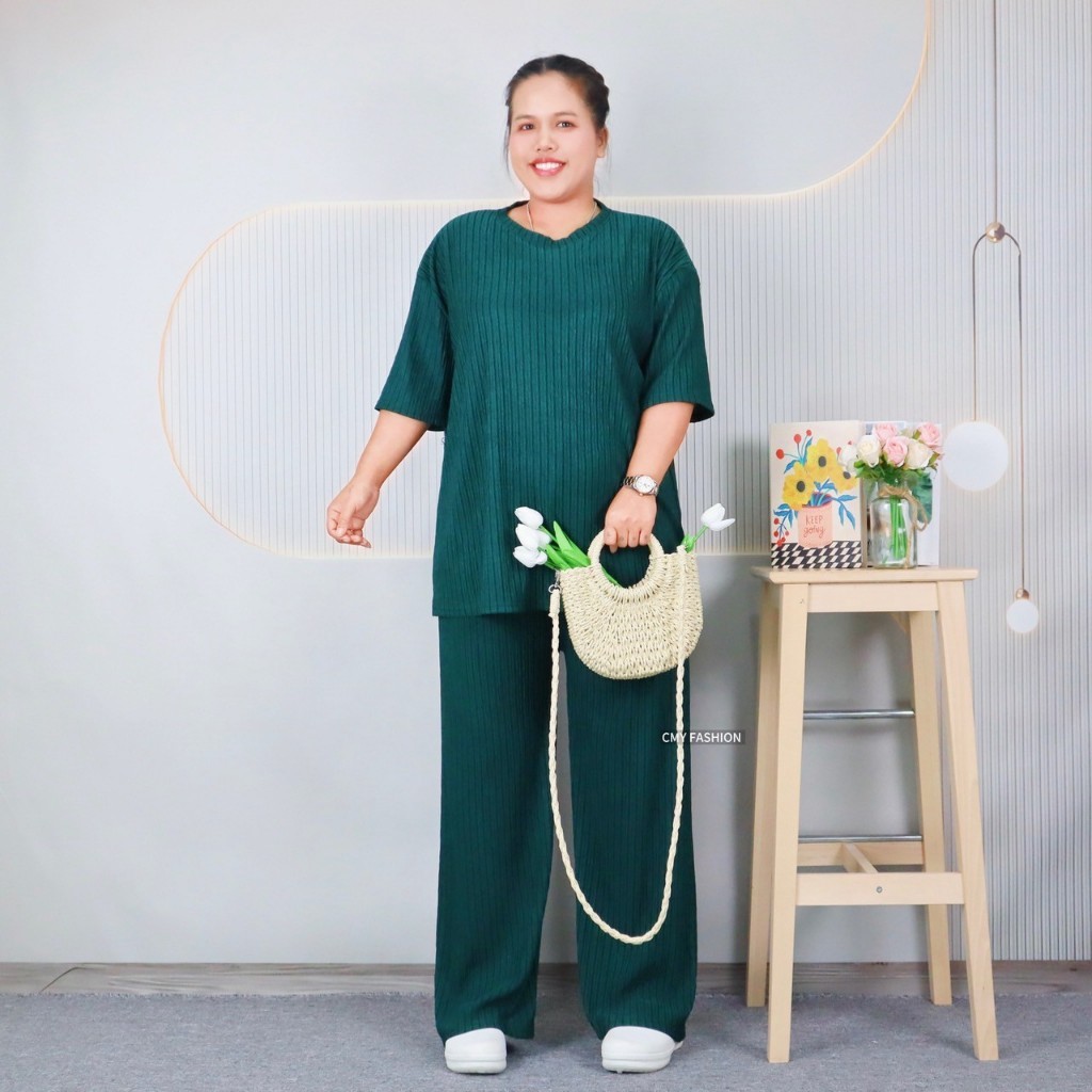 ชุดเซ็ท ไซส์ใหญ่ เสื้อคอกลม แขนสั้น อกได้ถึง 58นิ้ว กางเกงขายาว ทรงขากระบอกใหญ่ ผ้าย่นลายเปลือกไม้ เนื้อผ้านิ่ม cb602# - รูปที่ 4