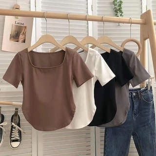 เสื้อแขนสั้นผู้หญิงคอเหลี่ยมลึก ผ้านุ่มดีสำหรับยืดตามตัว