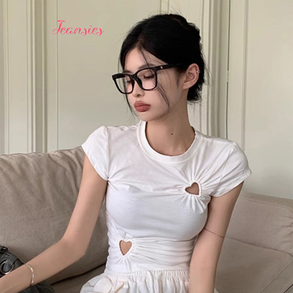 เสื้อยืดแขนสั้น ดีไซน์เปิดเอว รูปหัวใจ น่ารัก