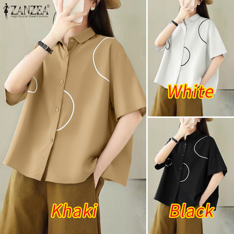 ZANZEA เสื้อแฟชั่นคอปกแขน3/4 หลวม พิมพ์ลายเกาหลีสำหรับผู้หญิง ราคา ถูกที่สุด ดีลบีเคเค แกลเลอรีภาพที่ 3