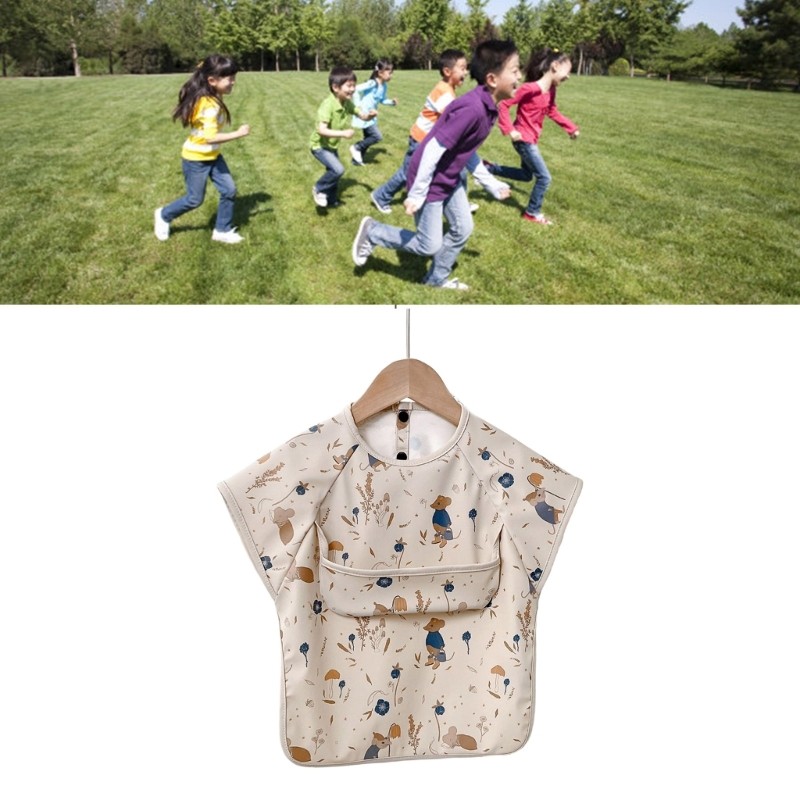 DK Kids Water Resistance Smock with Catcher Pocket Short Sleeve Adjustable Feeding Apron for Age 6M 