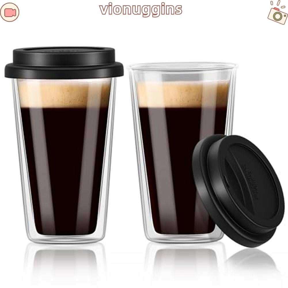 Vionuggins แก้วกาแฟแก้วติดผนังคู่, ฝาซิลิโคนถ้วยน้ําสีดํา, 350ml แก้วบอโรซิลิเกตสูงพร้อมฝาปิดซิลิโคนถ้วยกาแฟ