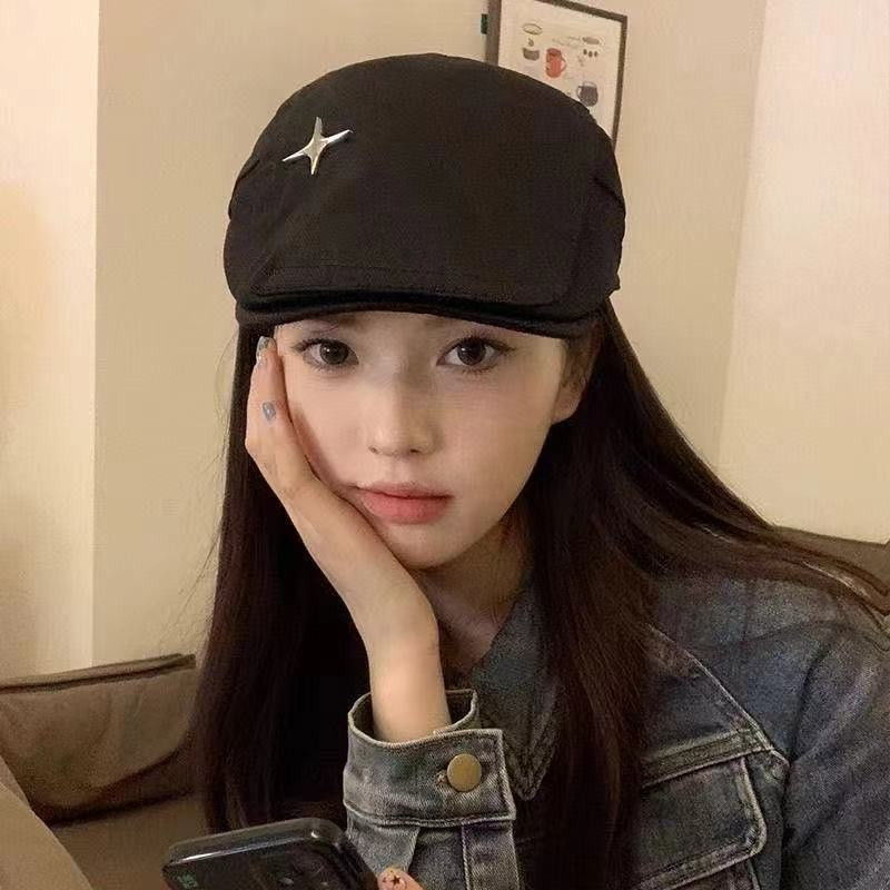 สีดํา Beret หญิง Retro สีทึบ Newsboy หมวกแฟชั่นสไตล์ญี่ปุ่น