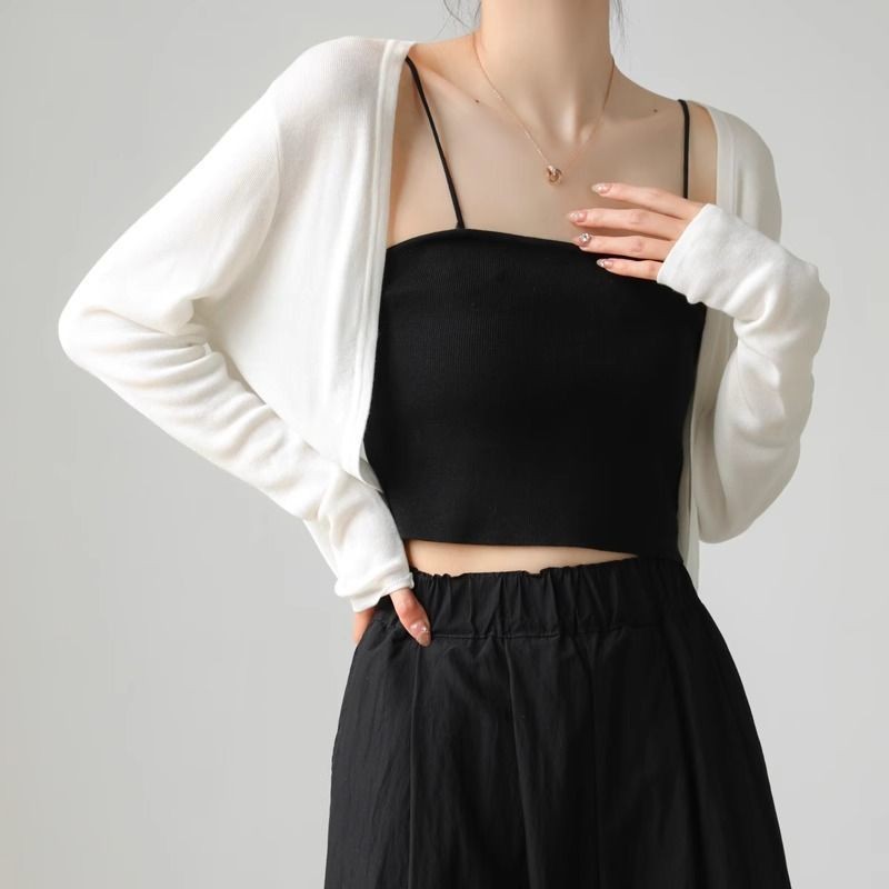 เสื้อแจ็กเก็ตคาร์ดิแกน ผ้าถัก ป้องกันแดด พร้อมกระโปรงสลิง สําหรับผู้หญิง