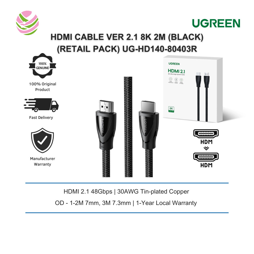 UGREEN สาย HDMI VER 2.1 8K NYLON BRAID DOLBY VISION & ATMOS 2M (สีดํา) (RETAIL PACK) UG-HD140-80403R