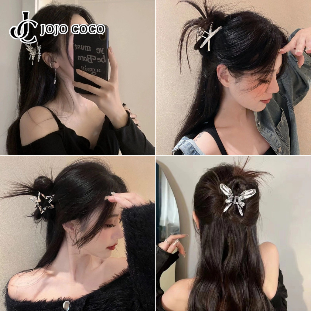 Jojo COCO Silver Love Butterfly คลิปโลหะผู้หญิงหวาน Liquid Shark คลิปเครื่องประดับผม