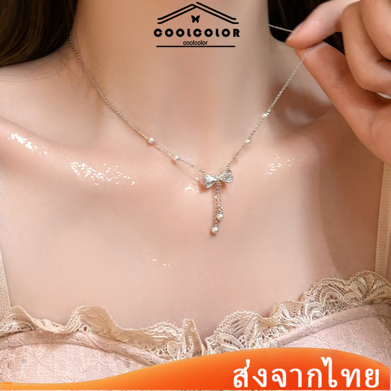 ในไทย💖สร้อยคอโบว์จี้มุกพู่สไตล์เกาหลีสไตล์หวานแหววหรูหราโซ่ไหปลาร้าผู้หญิงเข้ากับทุกการแต่งกายไม่จางหายCOD