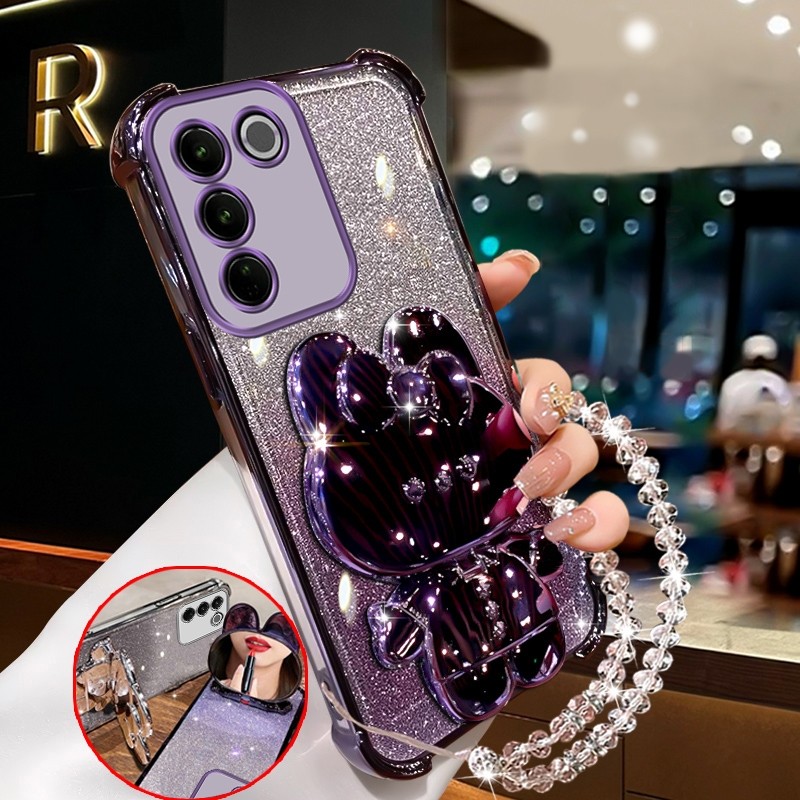 สําหรับvivo V27 5g VIVO V27E V27 PRO Y100 5Gประกายสีชมพูเคสโทรศัพท์กันกระแทกกระต่ายกระจกแต่งหน้าพร้อมผู้ถือซิลิโคนTPU Soft case XXXDA