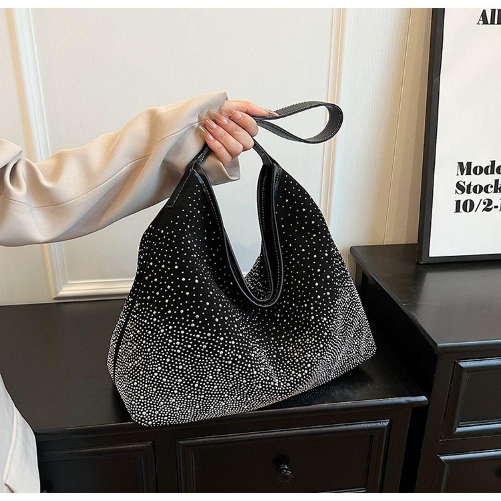 Trendyzone กระเป๋าสะพายไหล่, กระเป๋าถือ Rhinestone เงาความจุขนาดใหญ่, กระเป๋าโท้ตหนังกลับมีซิปสีทึบแฟชั่น