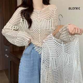 NLONKE -  Baju Longgar Gaya Jorok Wanita  Pakaian Rajut Kerah V Berongga Atasan Rajut Lengan Kelelawar