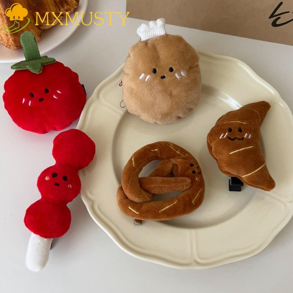 Mxmusty กิ๊บติดผมครัวซองต์สไตล์เกาหลี เพรทเซล ตลกมะเขือเทศ ใบเรียกเก็บเงินเป็ด คลิปอุปกรณ์ผมที่น่าสนใจน่ารักจําลองอาหารกลับคลิปตกแ