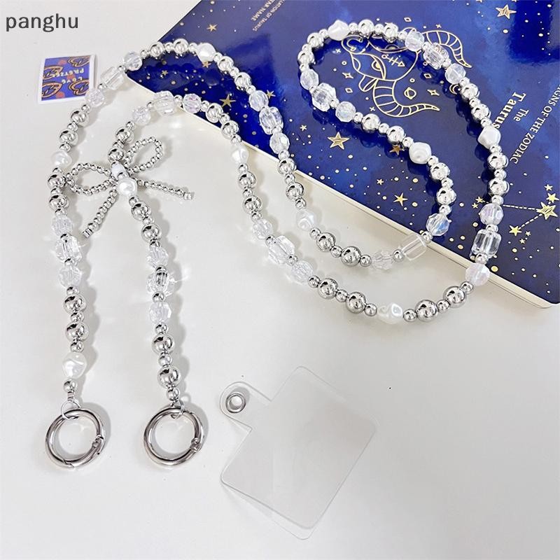 [Pgh] สายคล้องโทรศัพท์มือถือ Lanyard Crossbody Bow ลูกปัดเงินโซ่โทรศัพท์สําหรับ Iphone Samsung Xiaom