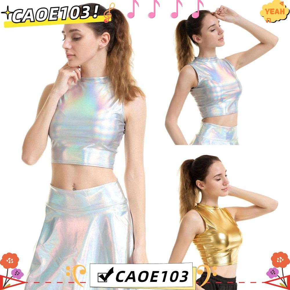 Caoe103 Bralette Tops, Shiny Show เครื่องแต่งกาย,ผู้หญิงแขนกุดหนังเทียม Slim Short Crop Top Stage