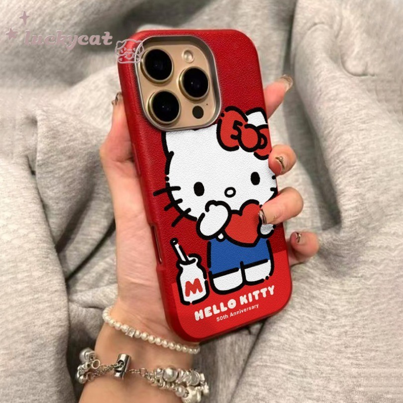 Iphone 16 15 14 13 12 11 Pro Max X Xr Xs Max 7 8 Plus เคสโทรศัพท์น่ารักถือหัวใจสีแดง KT Cat ปกหนังด้านหลังนุ่ม