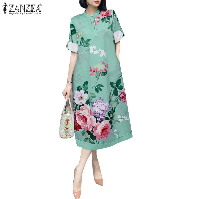 ZANZEA ซานเซีย ผู้หญิงแฟชั่นเกาหลีคอลูกเรือกระเป๋าพิมพ์ชุดเดรสสายเดี่ยว